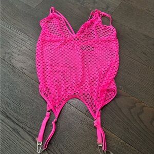 Hot Pink Fishnet Bodysuit with Garters
